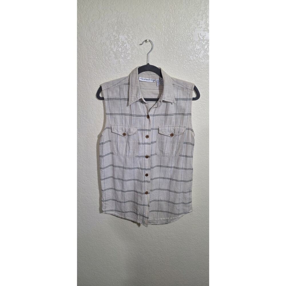 Paris Sport Club Women's Button Down Tank Linen And Cotton Blend Plaid - Picture 2 of 8